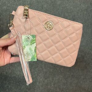 Badgley Mischka Vegan Leather Blush Quilted Zipper Clutch Pouch Wristlet NWT